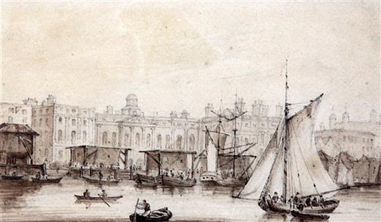 Samuel Owen (1768-1857) The Custom House from London Bridge 5.75 x 9.5in.